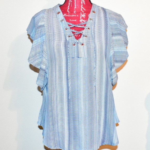 a.n.a Tops - A.N.A BLUE V-NECK FLUTTER SLEEVE BLOUSE NWOT